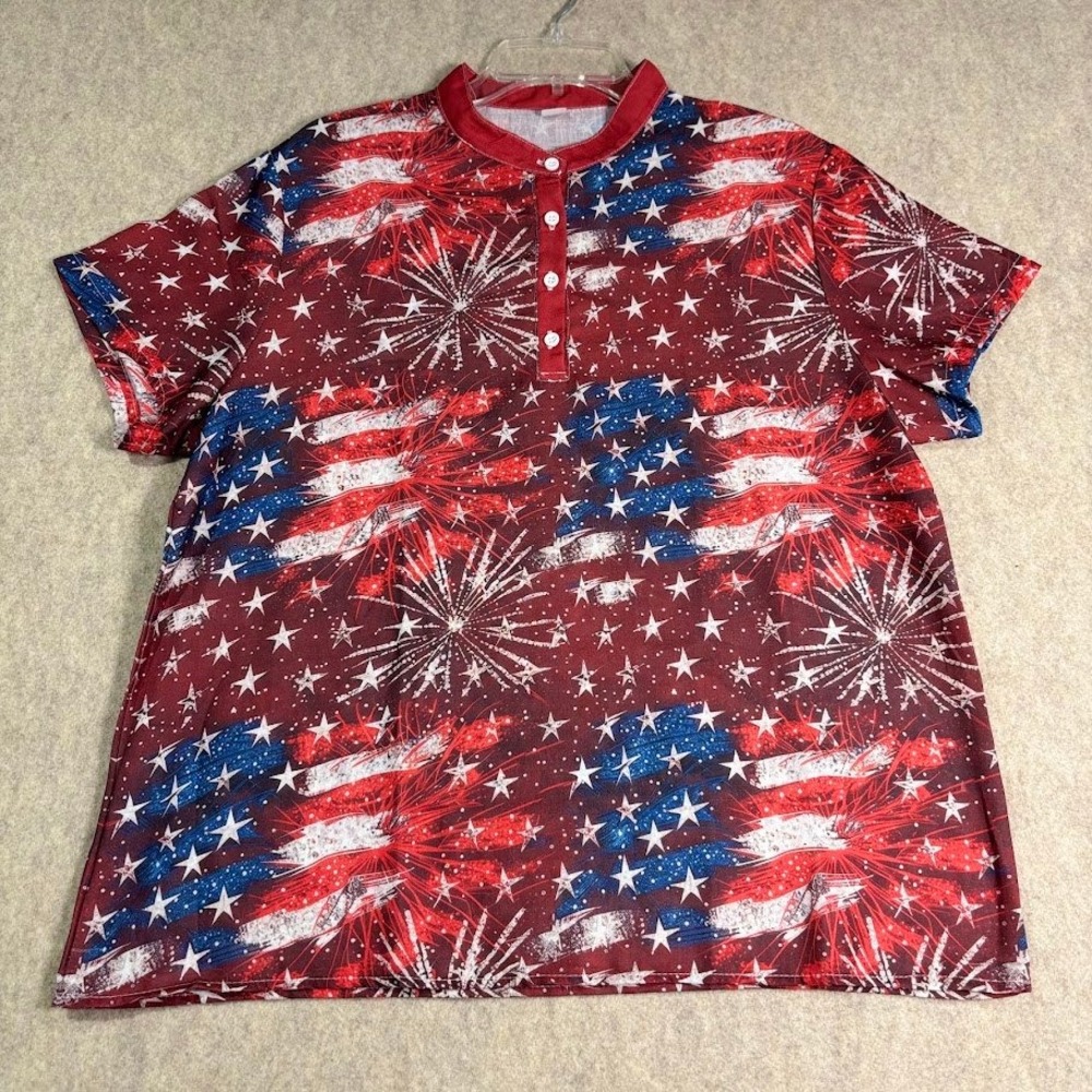 Fireworks Henley Shirt Mens 2XL Red Patriotic Flag Summer Festival Top